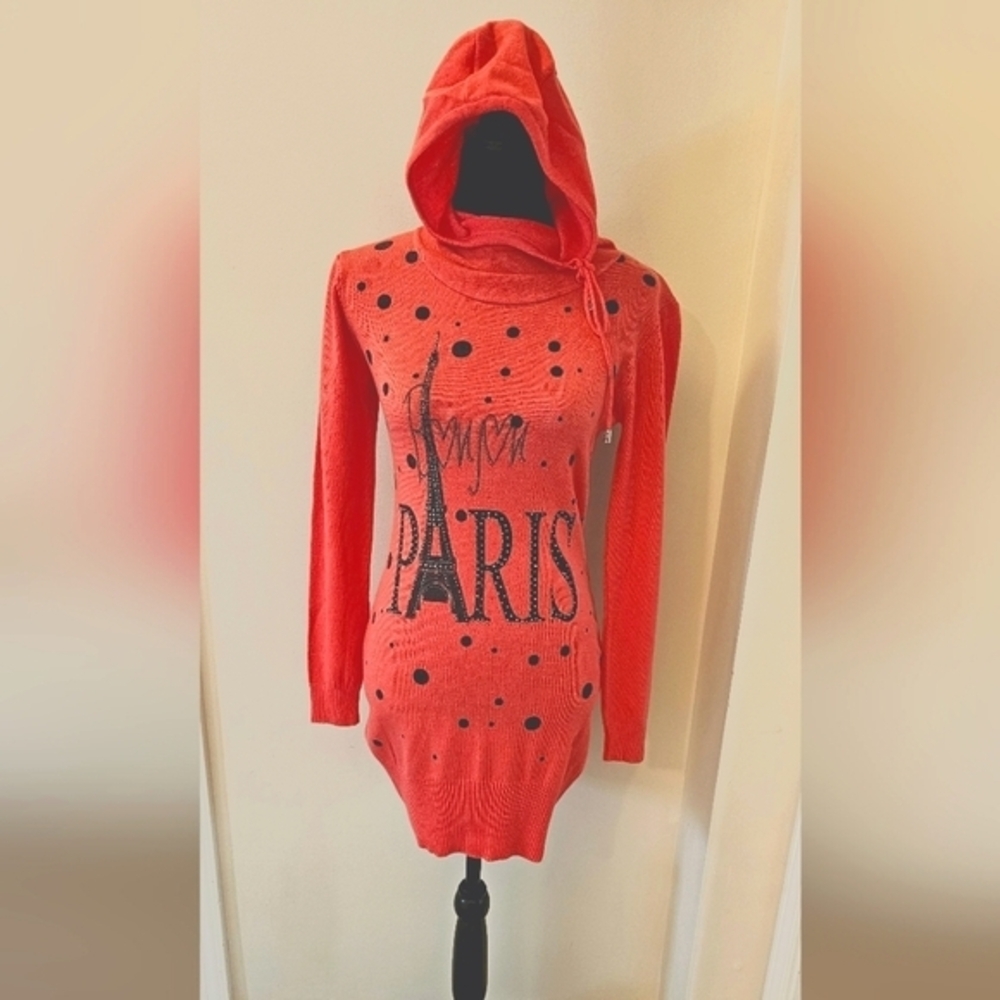 Bonjour Paris Hoodie Sweater Dress – Coral Orange – Size M